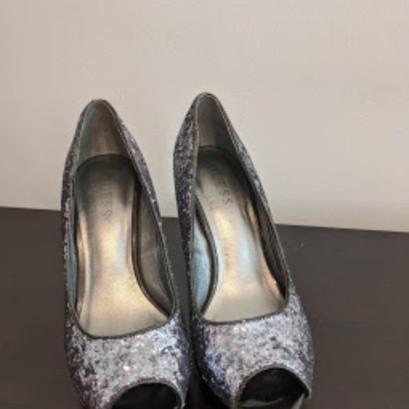 7.5 | Guess | Silver Glitter Peep Toe Heels - Picture 2 of 5